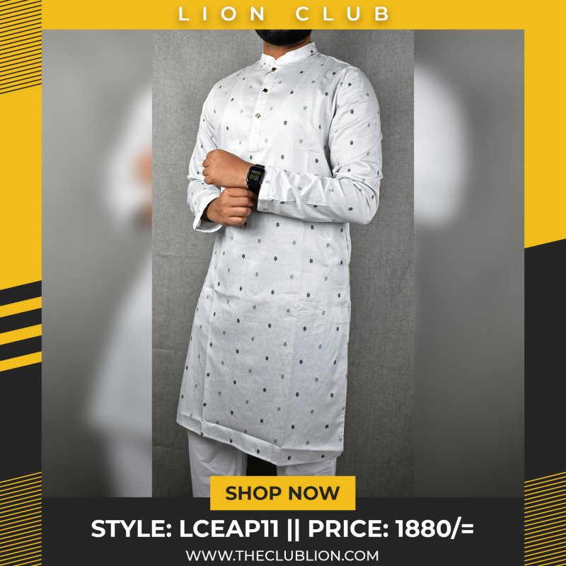 Men's  Stylish White Printed Cotton Panjabi